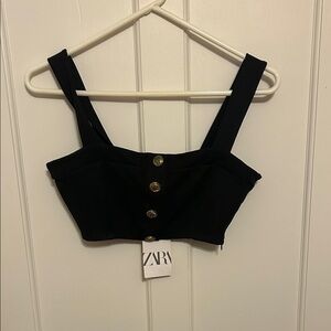 Zara Black Women's Crop Top with Buttons NWT